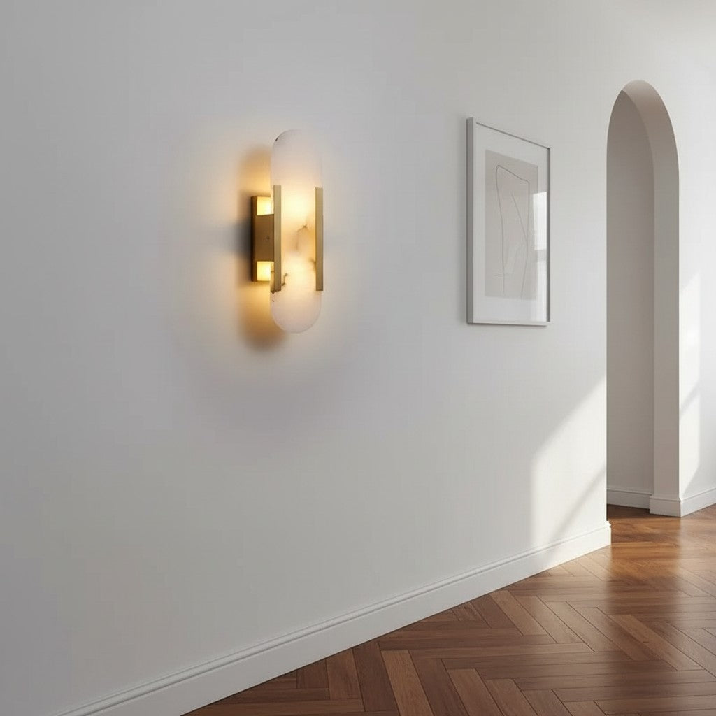 GoldenWatt marble LED wall sconce with gold-plated metal accents mounted on a white wall in a modern interior