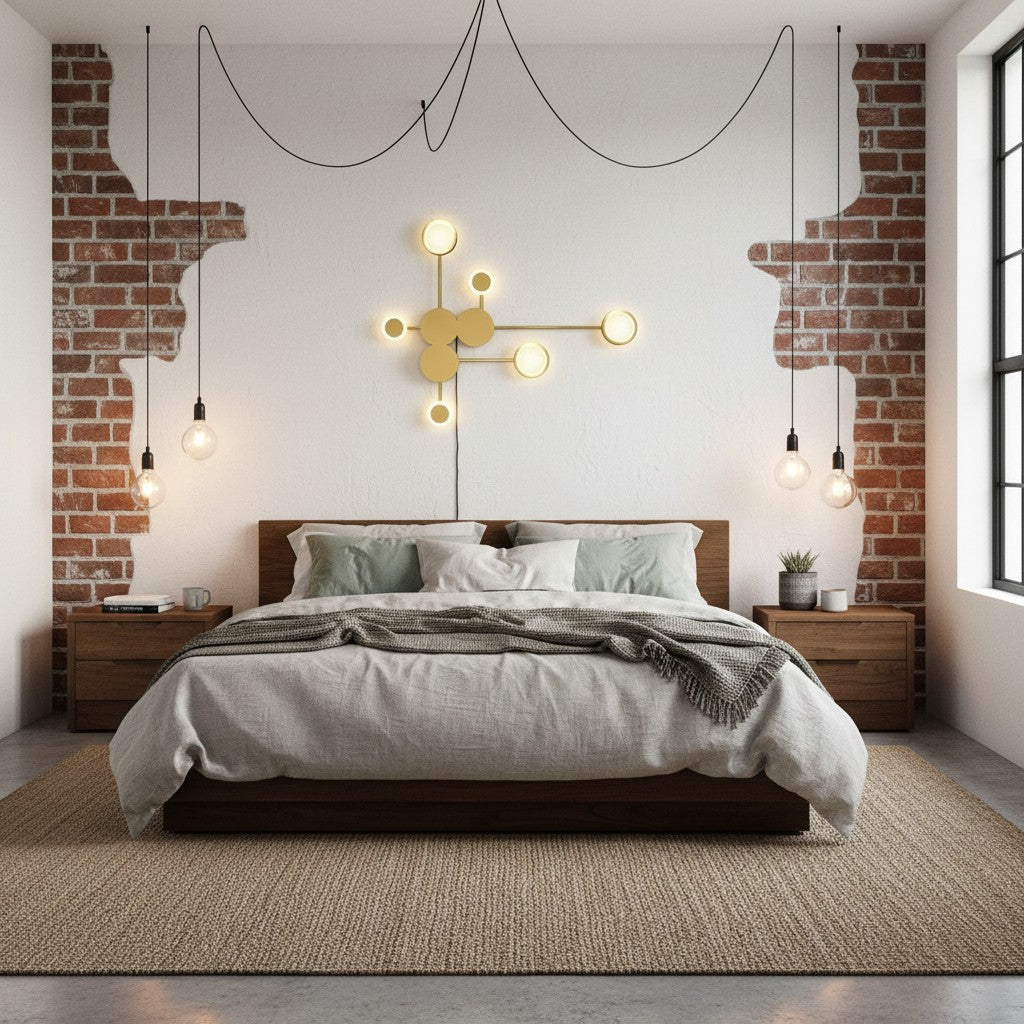 GoldenWatt modern minimalist wall lamp with circular LED lights mounted above a bed in a rustic brick bedroom.
