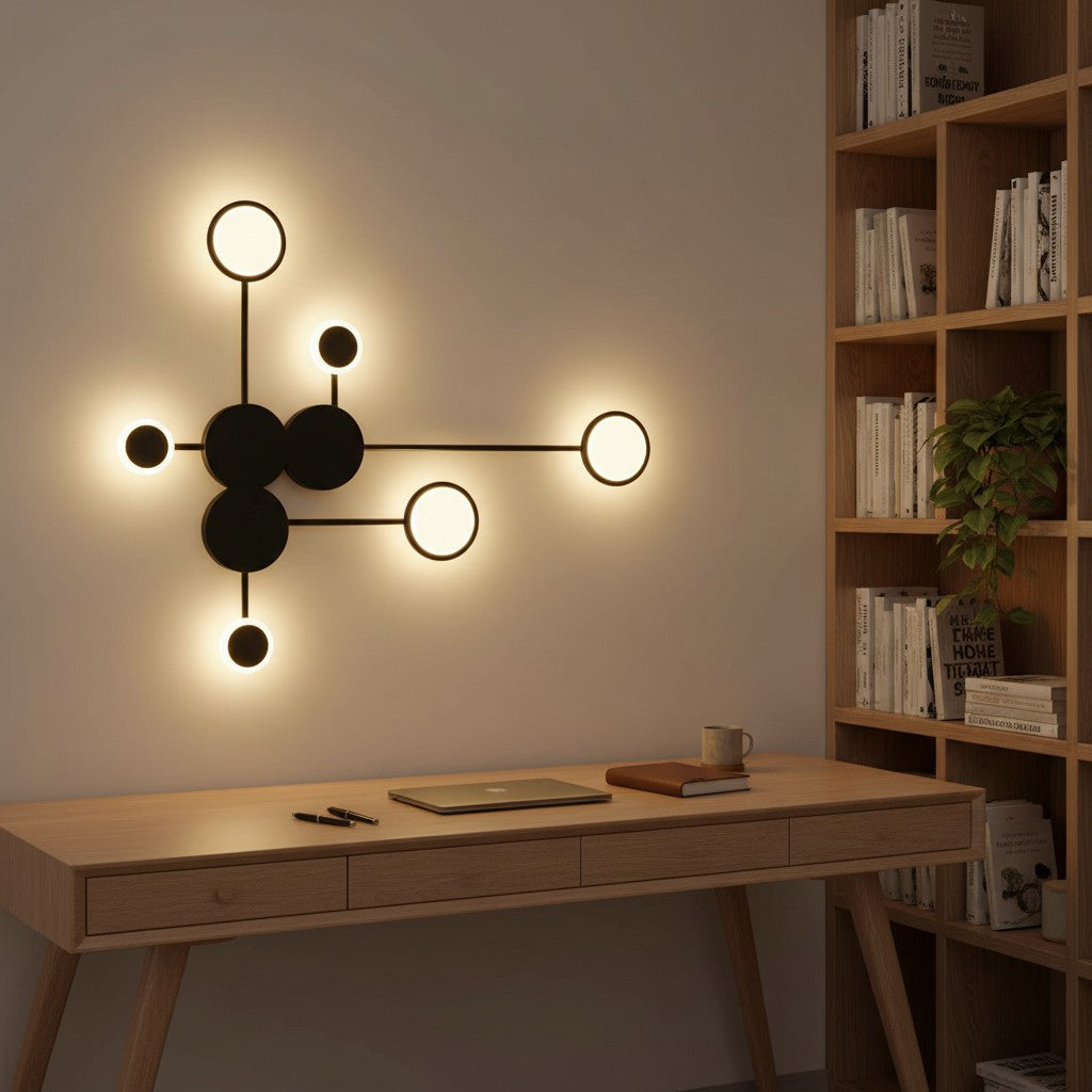 GoldenWatt modern minimalist wall lamp with circular LED heads mounted above a wooden desk in a home office.