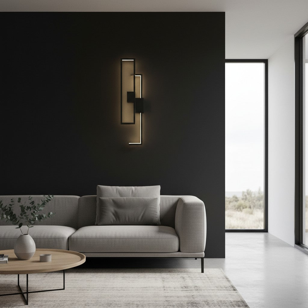 GoldenWatt modern black rectangular LED wall sconce with acrylic accents mounted on a dark living room wall