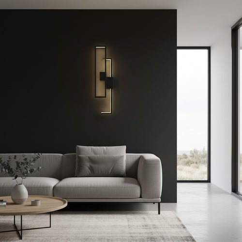 GoldenWatt modern black rectangular LED wall sconce with acrylic accents mounted on a dark living room wall
