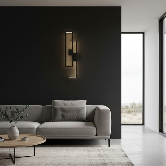 GoldenWatt modern black rectangular LED wall sconce with acrylic accents mounted on a dark living room wall