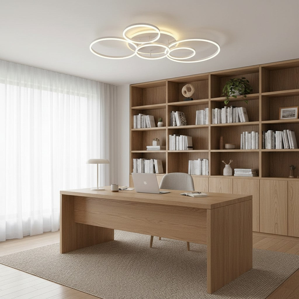 GoldenWatt modern dimmable LED ceiling chandelier with circular design installed in a bright contemporary home office