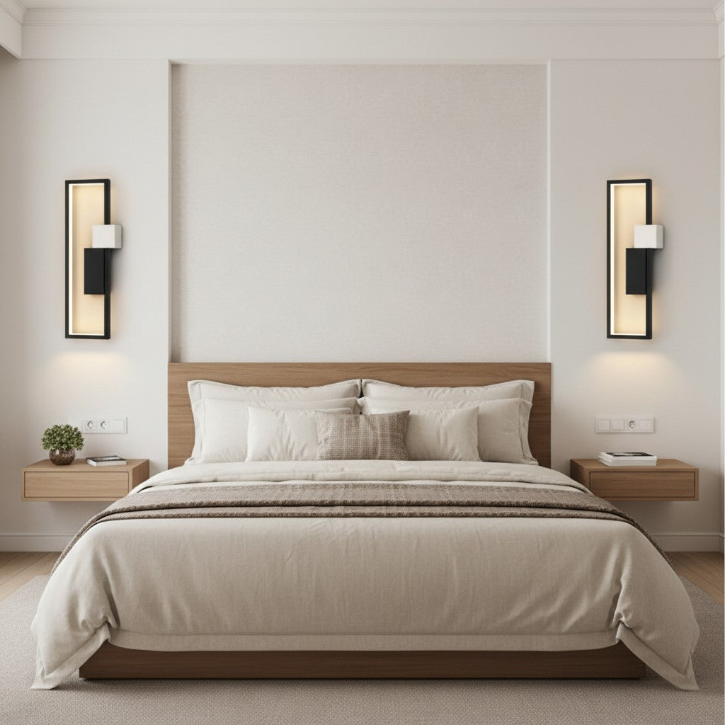 GoldenWatt modern rectangular LED wall lamps in black and white mounted on a neutral bedroom wall above nightstands