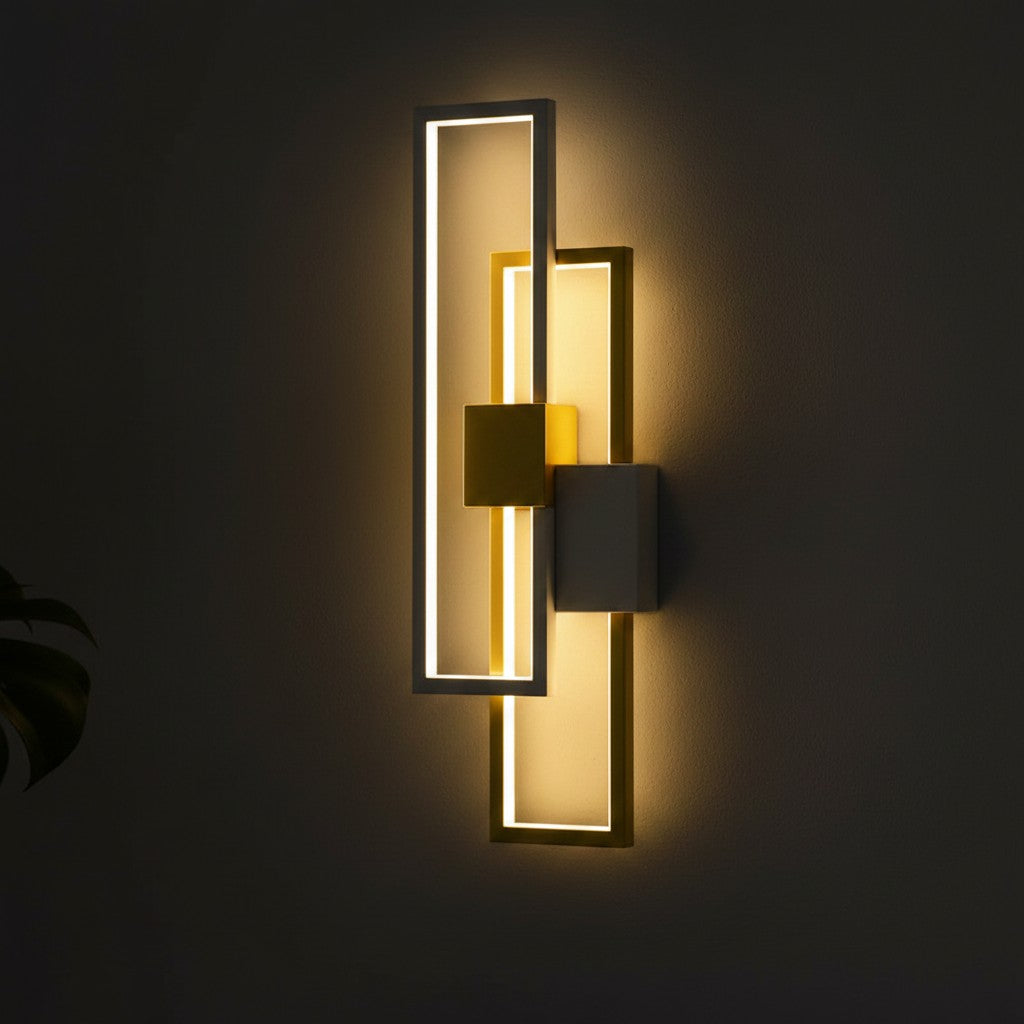 GoldenWatt modern rectangular LED wall lamp with gold and white iron frame and acrylic shade for ambient lighting