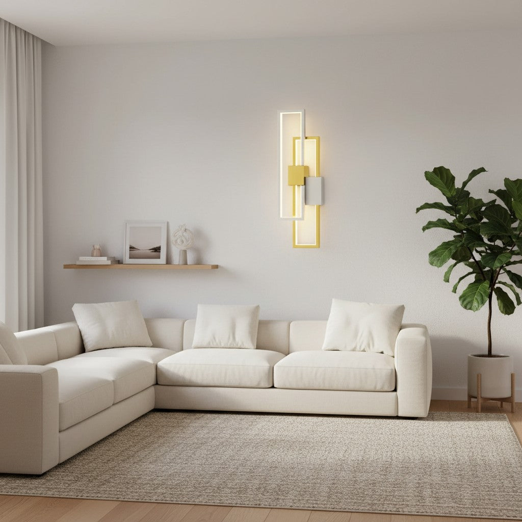 GoldenWatt modern LED wall lamp with geometric gold and white iron frame in a minimalist living room setting