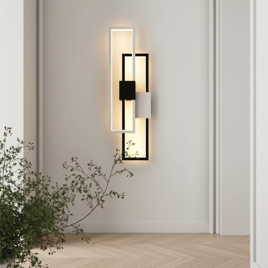 GoldenWatt modern rectangular LED wall lamp with black and white iron frame and acrylic shade in a minimalist interior