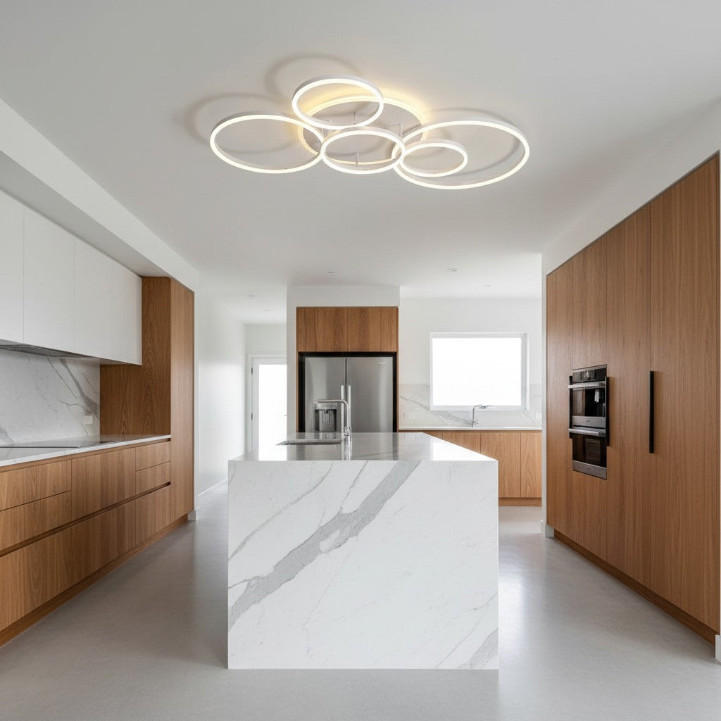 GoldenWatt modern white LED ceiling chandelier with multiple circular rings installed in a contemporary kitchen