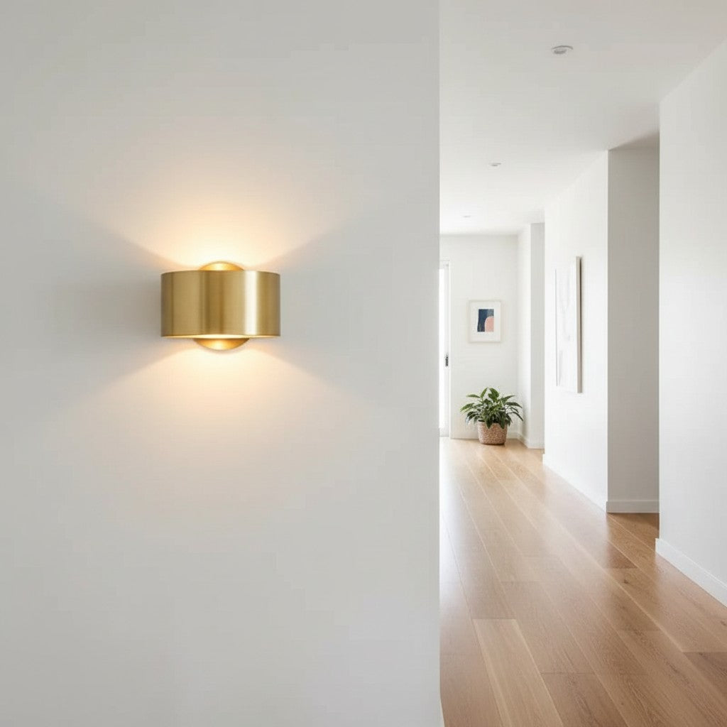 GoldenWatt Nordic gold iron wall sconce emitting warm white light in a modern minimalist hallway interior