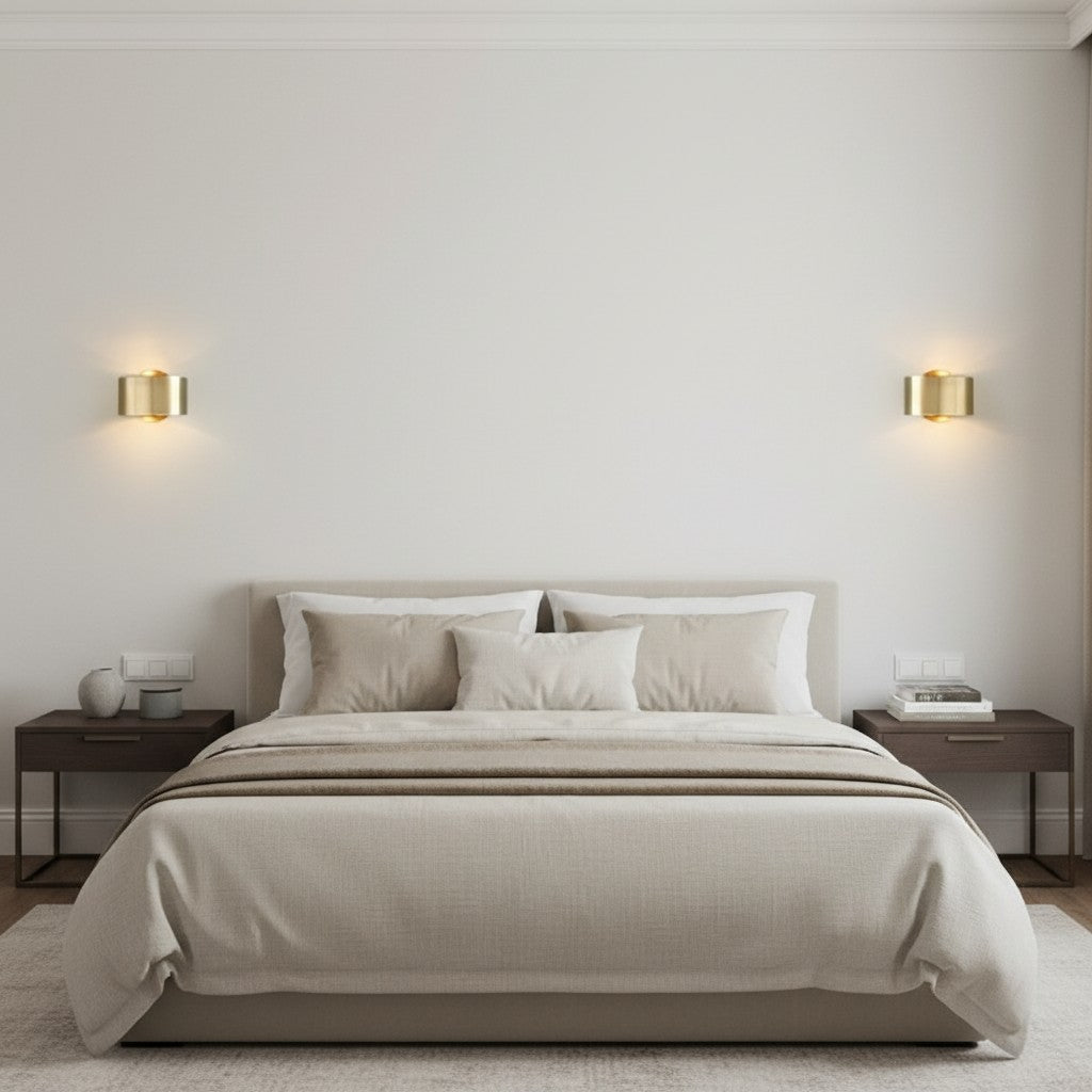 GoldenWatt Nordic gold wall sconces mounted on a white bedroom wall above a neutral bed with warm white lighting.