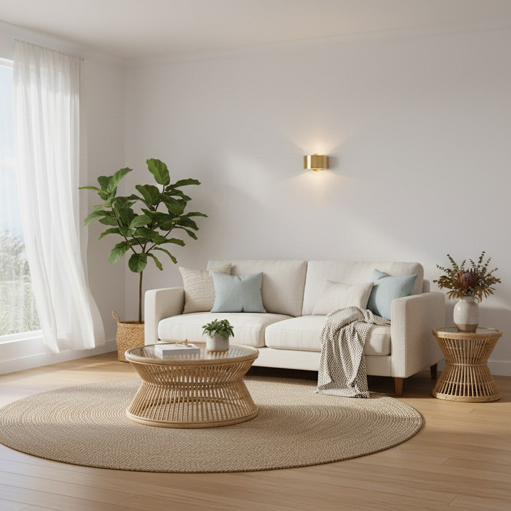 GoldenWatt Nordic gold wall sconce mounted above a beige sofa in a bright, modern living room with warm lighting.