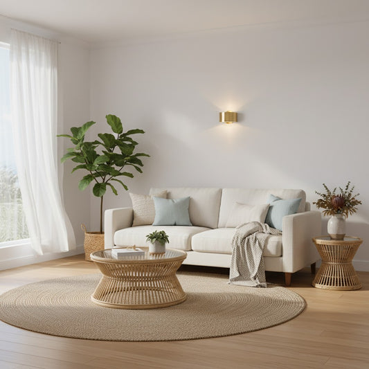 GoldenWatt Nordic gold wall sconce mounted above a beige sofa in a bright, modern living room with warm lighting.