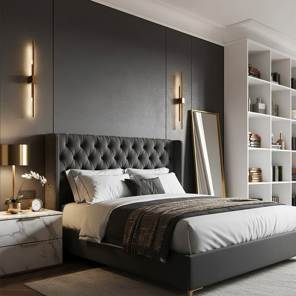 GoldenWatt Nordic LED wall sconces in gold mounted on a dark bedroom wall above a tufted bed