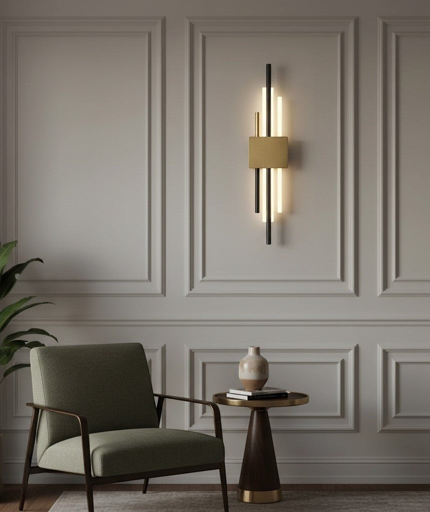 GoldenWatt Nordic LED wall sconce in black and gold iron with acrylic accents mounted on a classic paneled wall