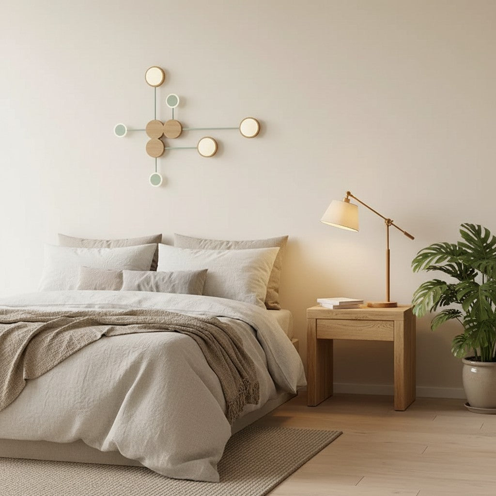GoldenWatt Nordic minimalist bedside lamp with a warm glow on a wooden nightstand in a modern bedroom