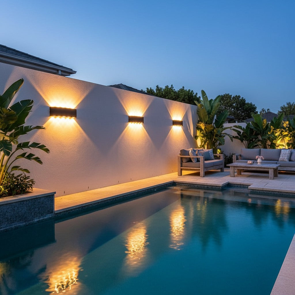 GoldenWatt LED outdoor wall sconces mounted on a white wall, casting warm up and down light by a backyard swimming pool.