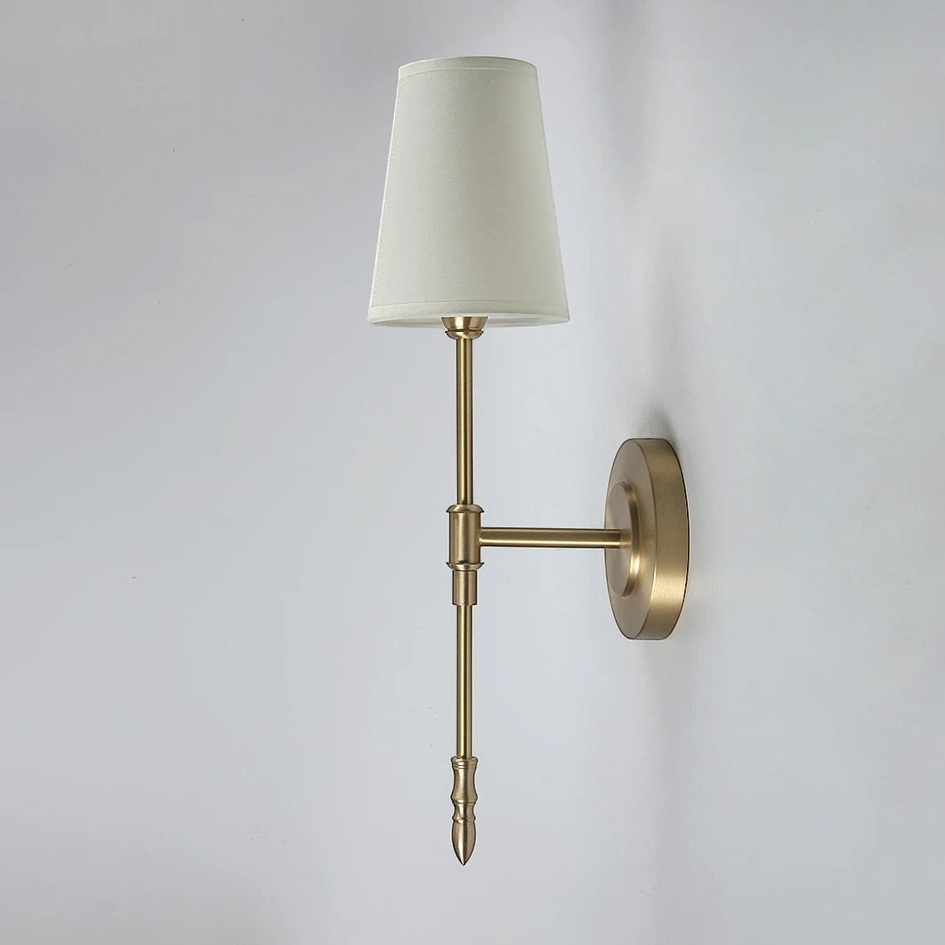 GoldenWatt retro copper wall sconce with a white fabric shade and elegant forged iron arm for vintage home lighting