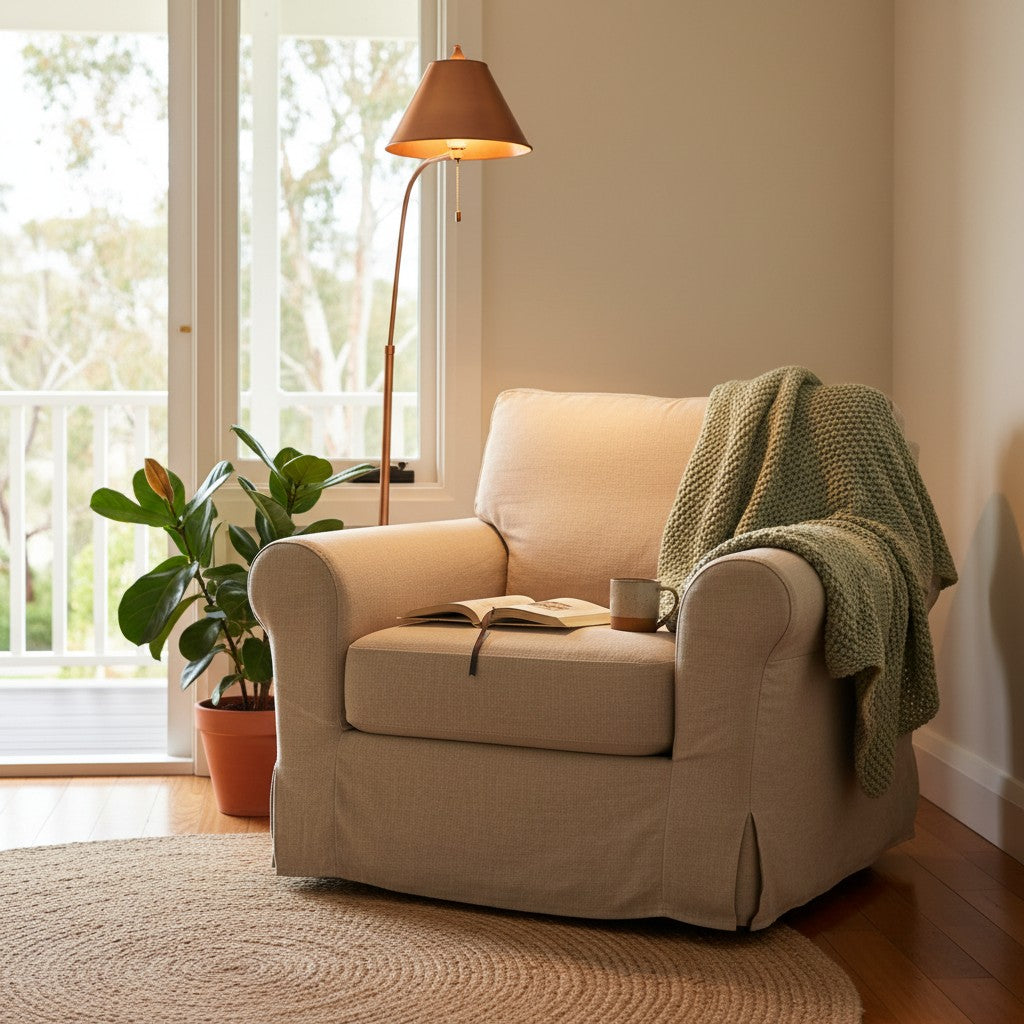GoldenWatt retro copper floor lamp with a fabric shade illuminating a cozy reading nook with a beige armchair