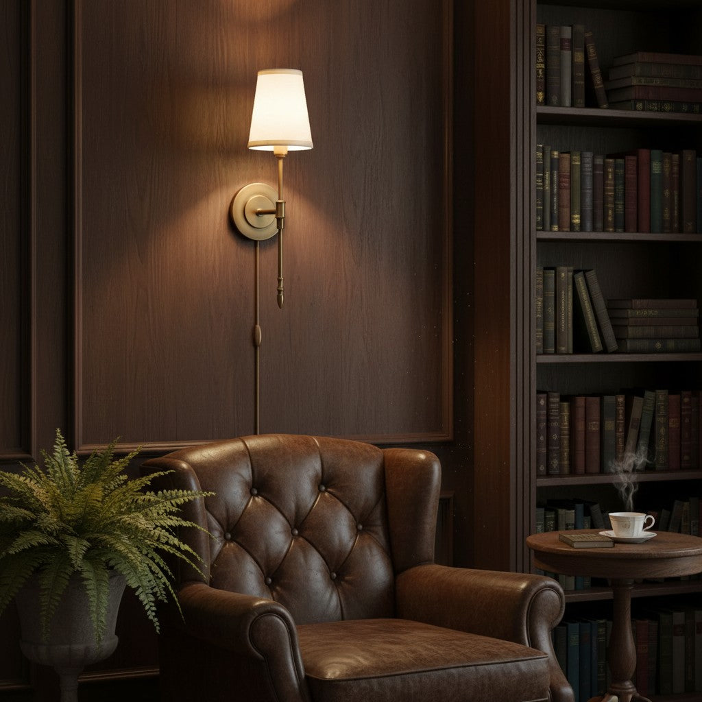 GoldenWatt retro copper wall sconce with a white fabric shade mounted on a dark wood library wall above a leather chair