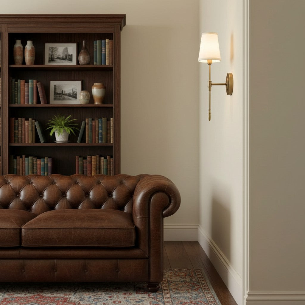 GoldenWatt retro copper wall sconce with a white fabric shade mounted in a classic study with a leather sofa