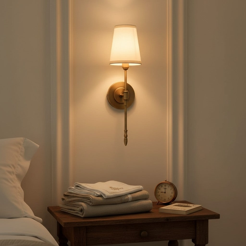 GoldenWatt retro copper wall sconce with a white fabric shade mounted above a wooden bedside table in a bedroom