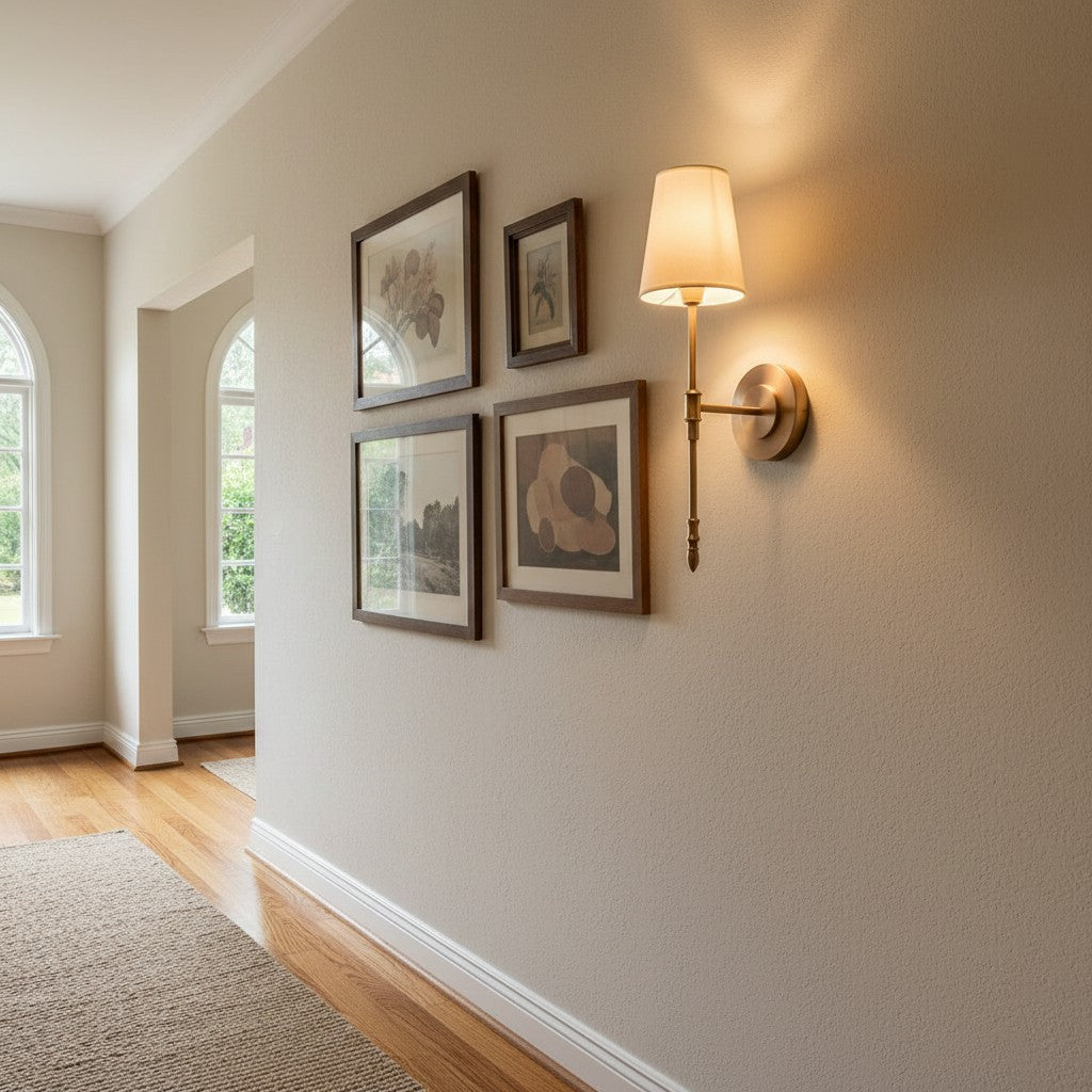 GoldenWatt retro copper wall sconce with a fabric shade mounted on a hallway wall next to framed art prints