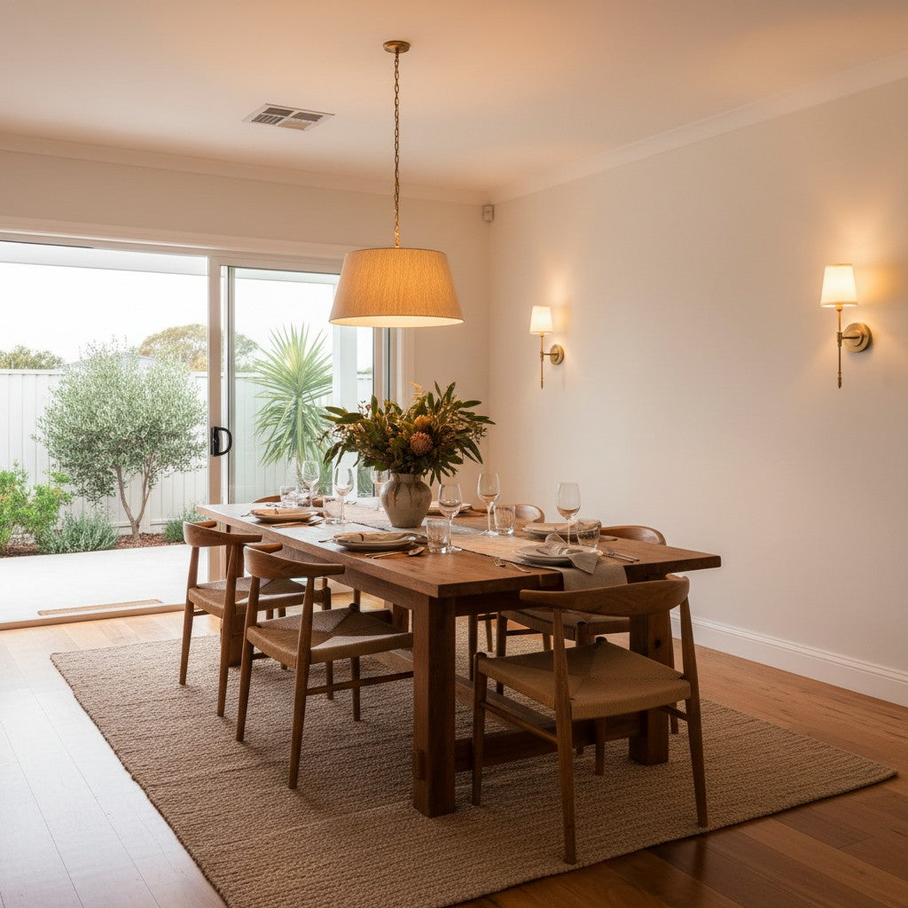 GoldenWatt retro copper wall sconces with fabric shades illuminating a modern dining room with wooden furniture