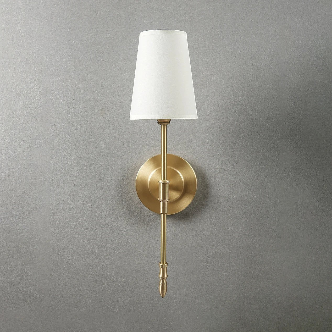 GoldenWatt retro copper wall sconce with a white fabric shade and elegant forged iron gold finish for bedroom lighting