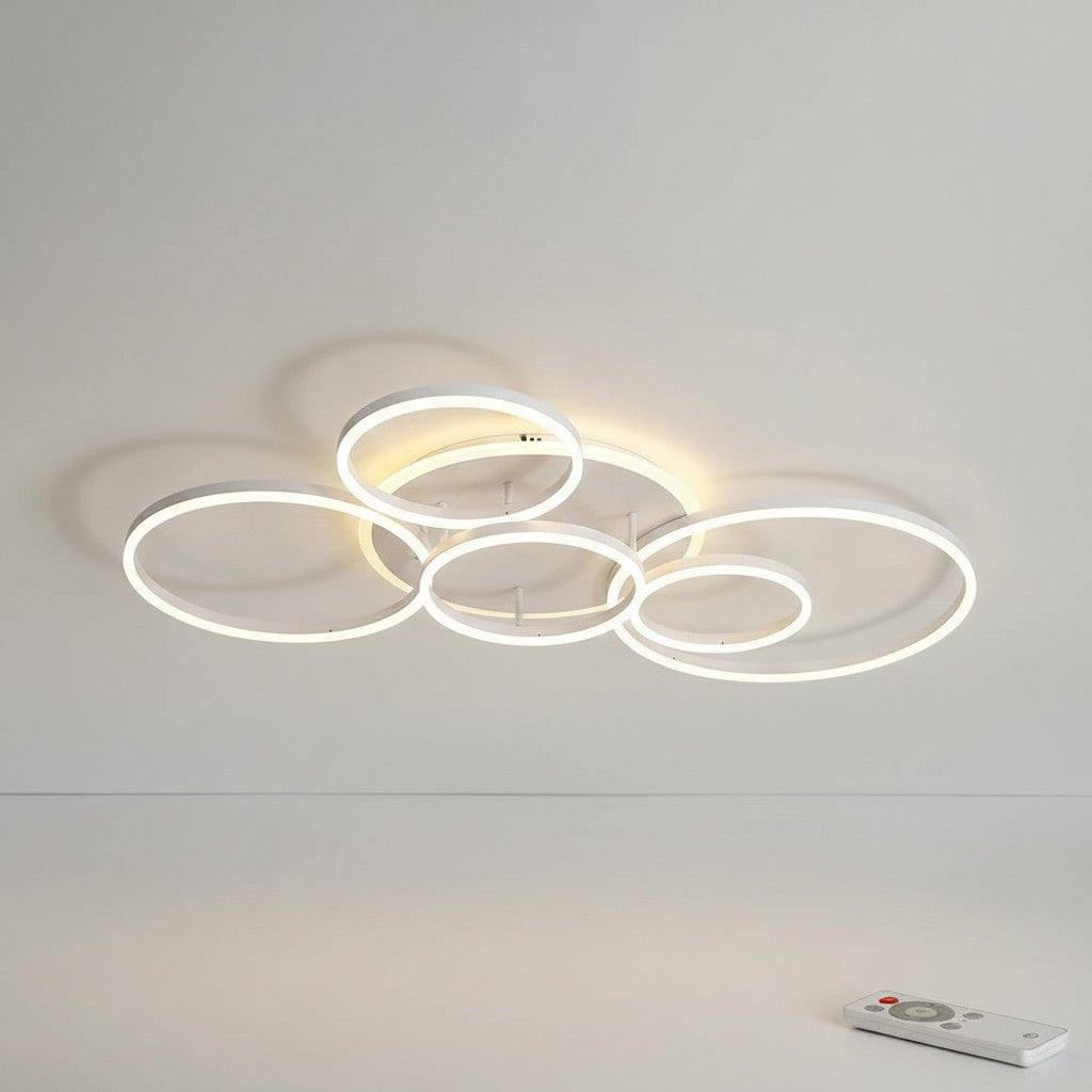 GoldenWatt modern white LED ceiling chandelier with multiple circular rings and remote control for dimmable lighting