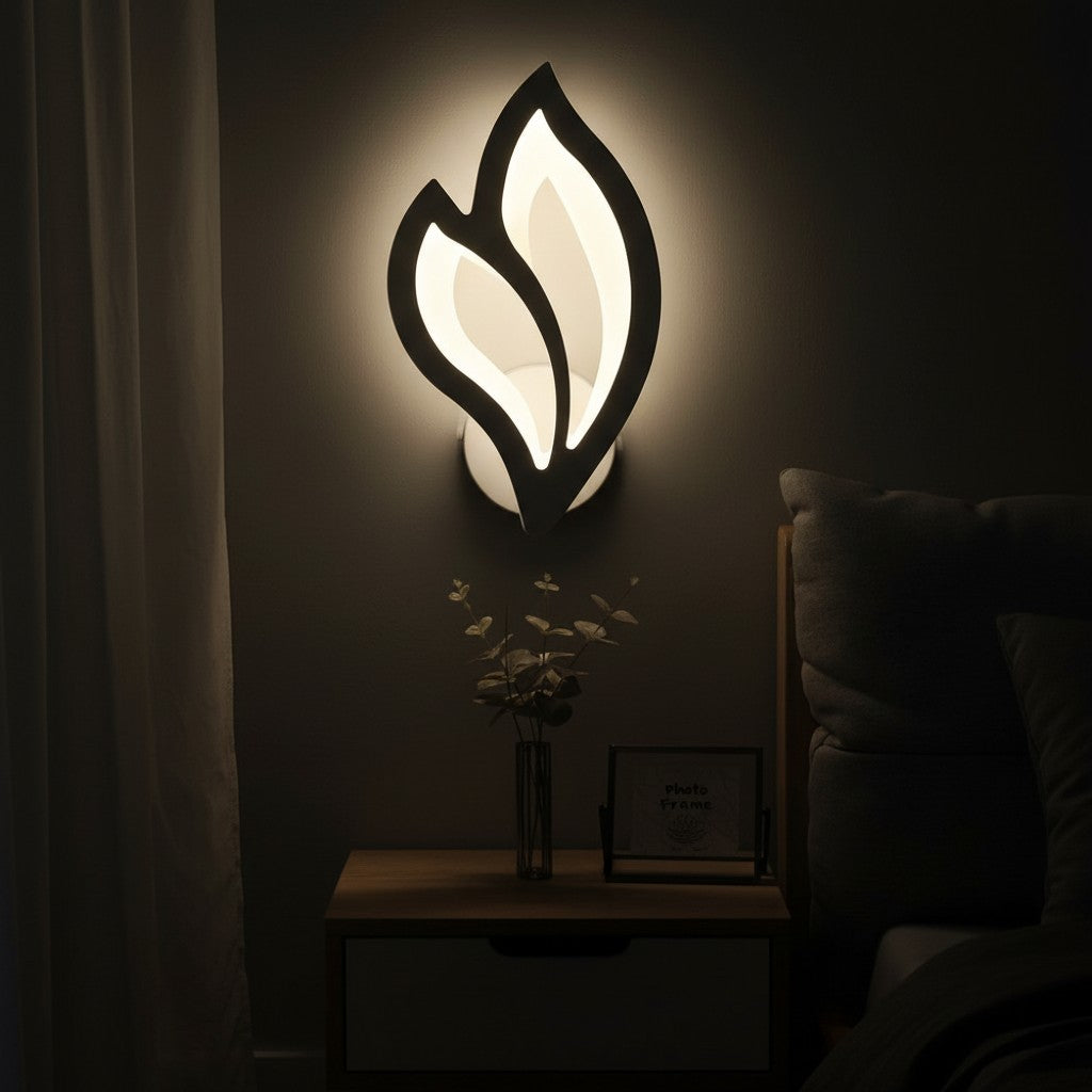 GoldenWatt modern white LED wall sconce with a leaf-shaped acrylic shade providing warm up and down ambient lighting