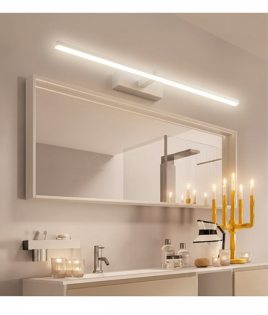GoldenWatt modern white LED vanity wall light mounted above a bathroom mirror for bright downward illumination