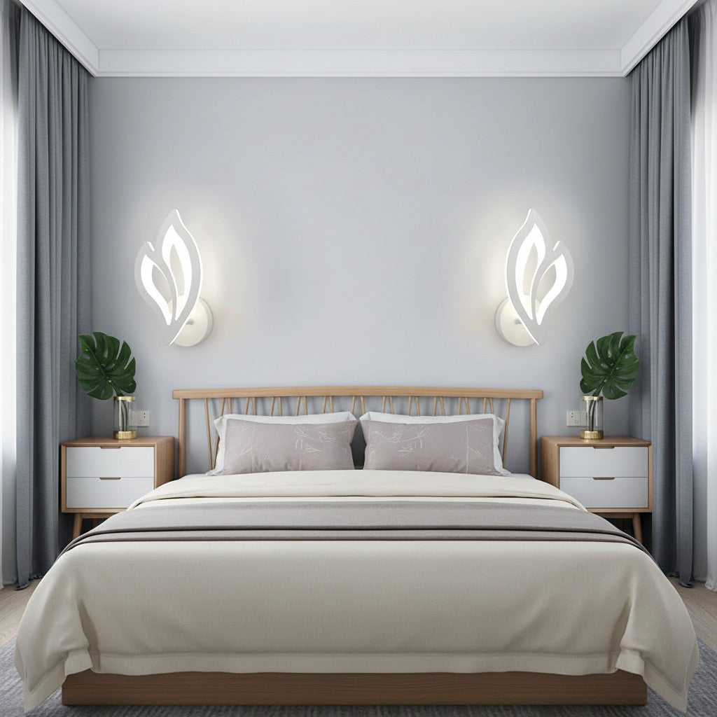 GoldenWatt modern white LED wall sconces with acrylic shades installed in a contemporary bedroom above nightstands