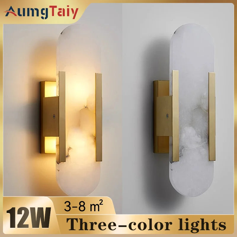 Marble LED Wall Sconce 12W – Natural Marble Gold-Plated Metal Crystal Shade Bathroom Bedroom Hotel Wall Light
