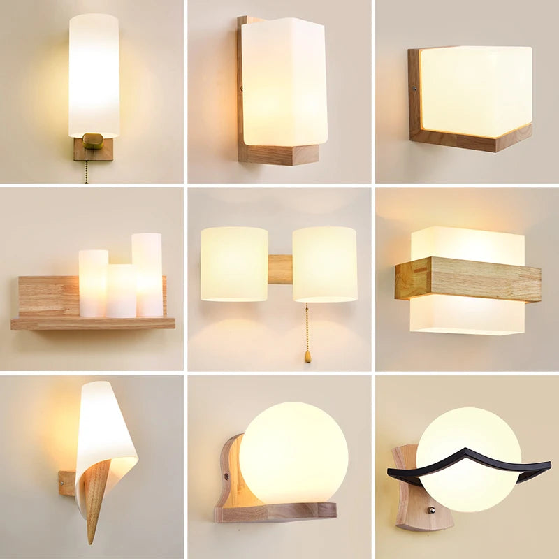 Modern Wooden LED Wall Sconce – E27 Engraved Wood Frosted Glass Bedroom Dining Hotel Cafe Restaurant Wall Light
