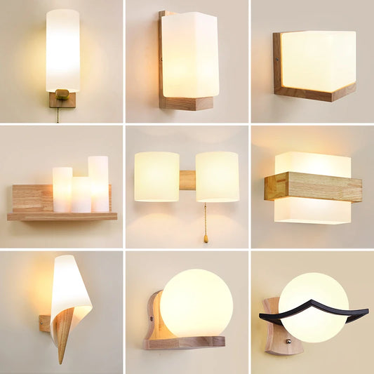 Modern Wooden LED Wall Sconce – E27 Engraved Wood Frosted Glass Bedroom Dining Hotel Cafe Restaurant Wall Light
