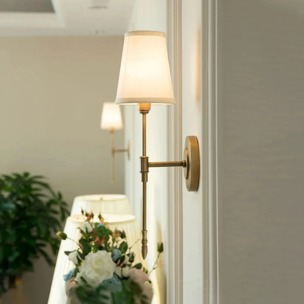 Retro Copper European Wall Sconce – Forged Iron Fabric Shade Gold White E14 Dining Bedroom Foyer Wall Light